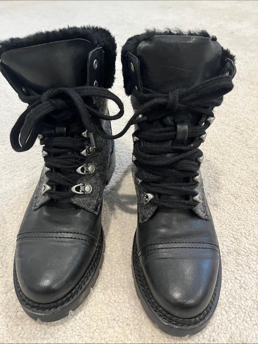 Frye Black Lace-Up Faux Fur Combat Boots